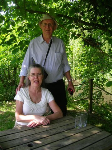 Terry and Claudia Boorman in pub garden near Great Wishford England